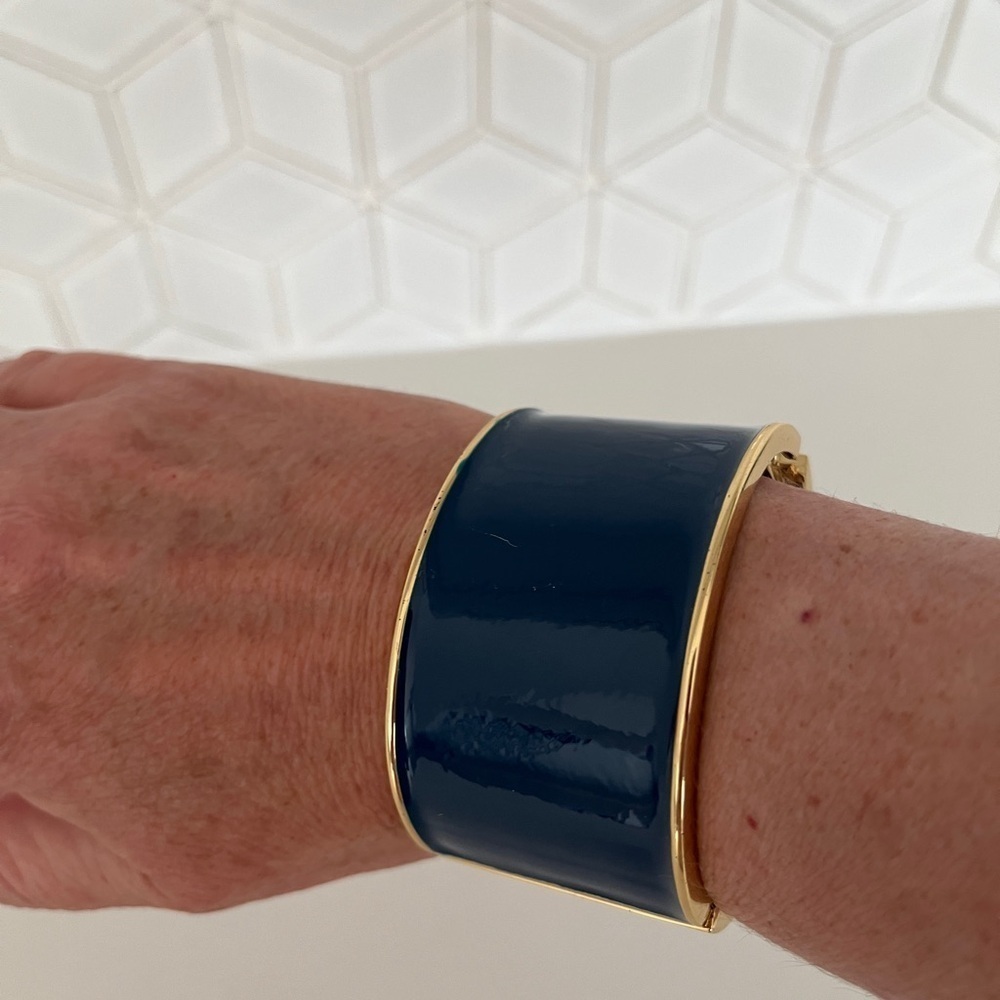 BRACELET Wide Cuff Blue Enamel Gold Tone Metal Hinged Statement Artsy Office